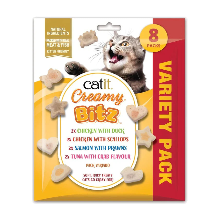 Catit Creamy Bitz Pack Variado para gatos con snacks blandos y cremosos de pollo, pato, vieira, salmón, gambas y atún