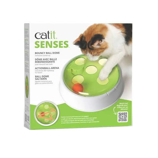 Caja del juguete Catit Senses 2.0 Bouncy Ball Dome, con fotografía de la cubierta verde y la pelota naranja
