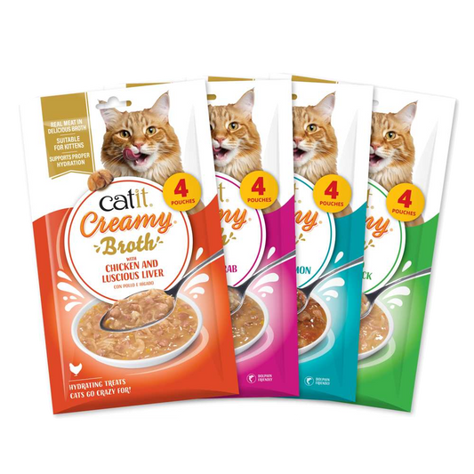 Cuatro paquetes Catit Creamy Broth de distintas recetas, cada uno con cuatro sobres