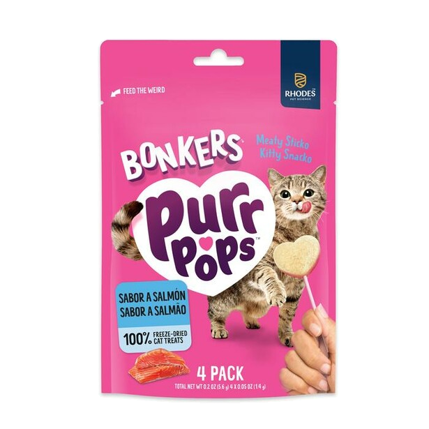 Bolsa Bonkers Purr Pops sabor salmón con indicación de cuatro piruletas