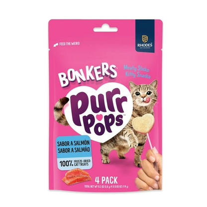 Bolsa Bonkers Purr Pops sabor salmón con indicación de cuatro piruletas