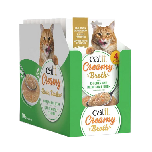 Caja expositora verde de Catit Creamy Broth Pollo y Pato