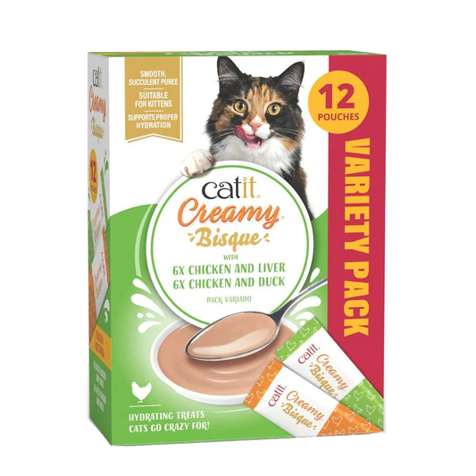Caja Catit Creamy Bisque Multipack de Pollo con indicación de 12 sobres