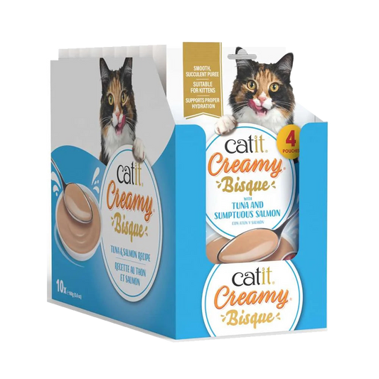 Caja expositora azul de Catit Creamy Bisque Atún y Salmón