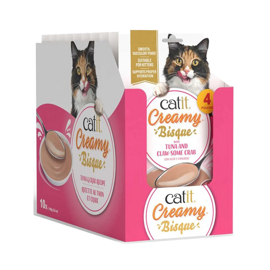 Caja expositora fucsia de Catit Creamy Bisque Atún y Cangrejo