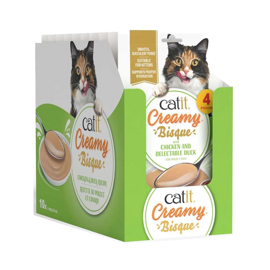 Caja expositora verde de Catit Creamy Bisque Pollo y Pato