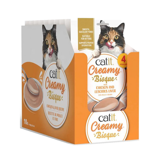 Caja expositora naranja de Catit Creamy Bisque Pollo e Hígado