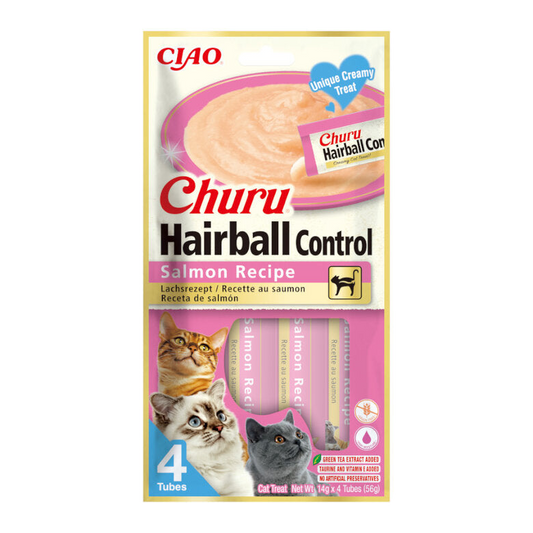 Envase Inaba Churu Hairball Control Salmón con cuatro tubitos de snack cremoso