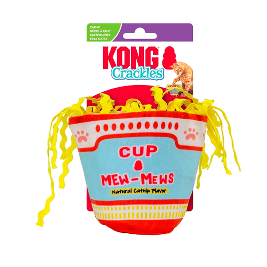 KONG Crackles Noodles con su cartón de presentación, vaso de tela y tiras amarillas