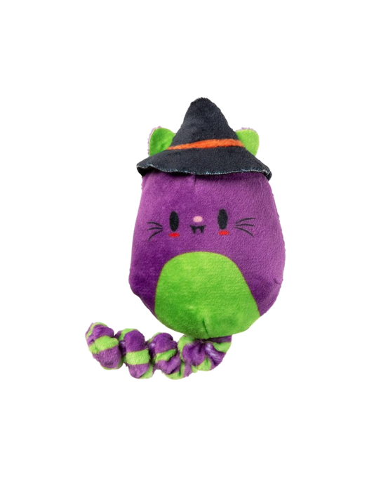 FuzzYard Lucipurr, peluche morado y verde con sombrero de bruja y cola retorcida