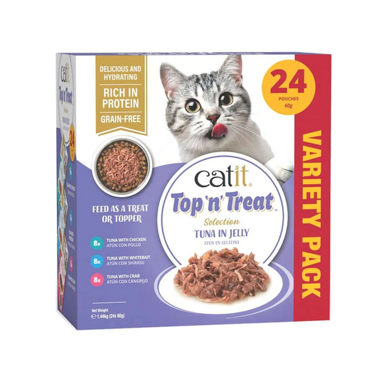Caja Catit Top ’N’ Treat Multipack Atún con indicación de 24 bolsitas