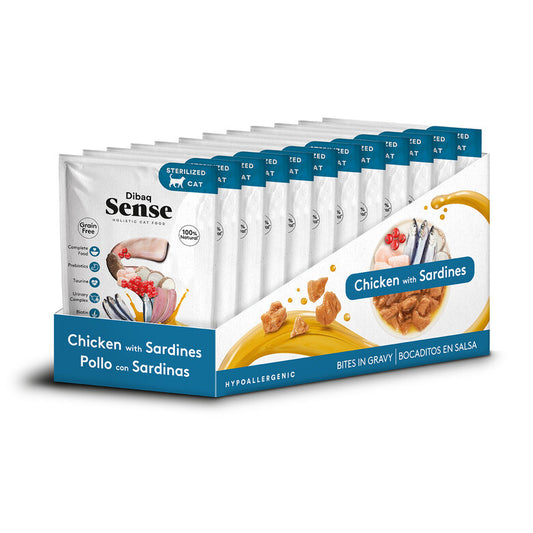 pack 12 sobres comida humeda gatos pollo sardinas