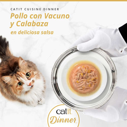 catit cuisine dinner pollo con vacuno y calabaza en salsa comida húmeda gatos