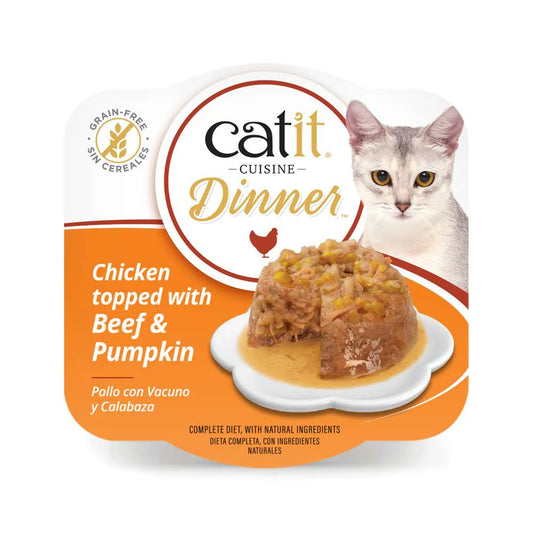 tarrina catit cuisine dinner pollo con vacuno y calabaza comida húmeda para gatos